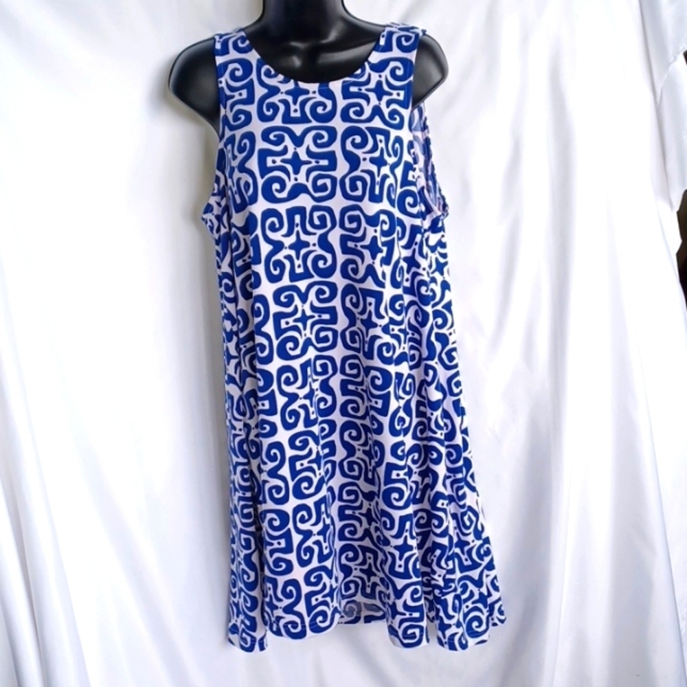 Buckhead Betties Greek Goddess Sleeveless White & Blue Dress, M, 21" PTP, 36"L
